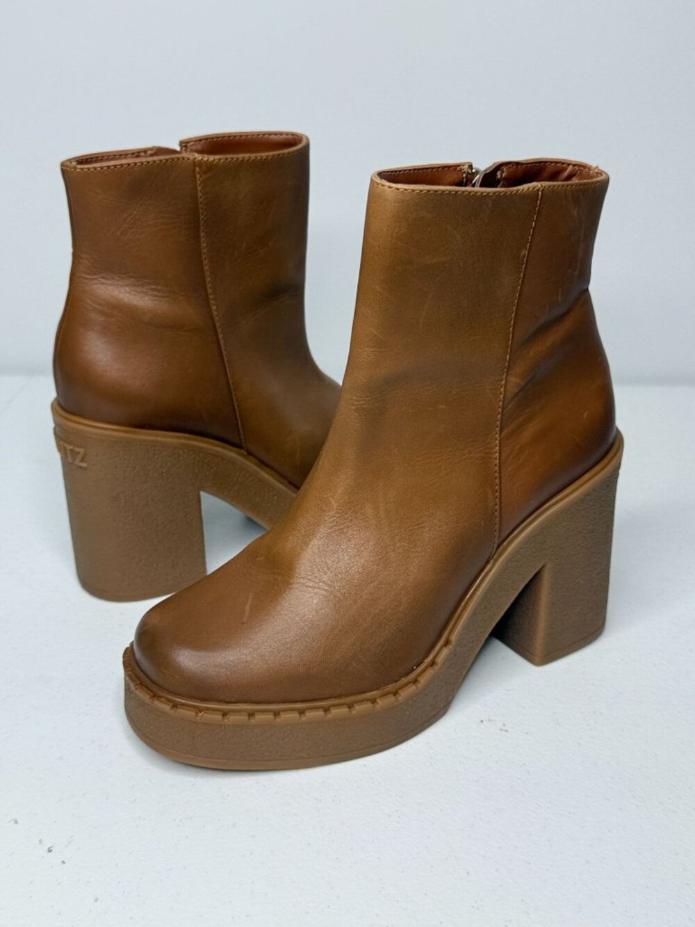 Schutz Brown Leather Platform Block Heel Ankle Boots 6.5